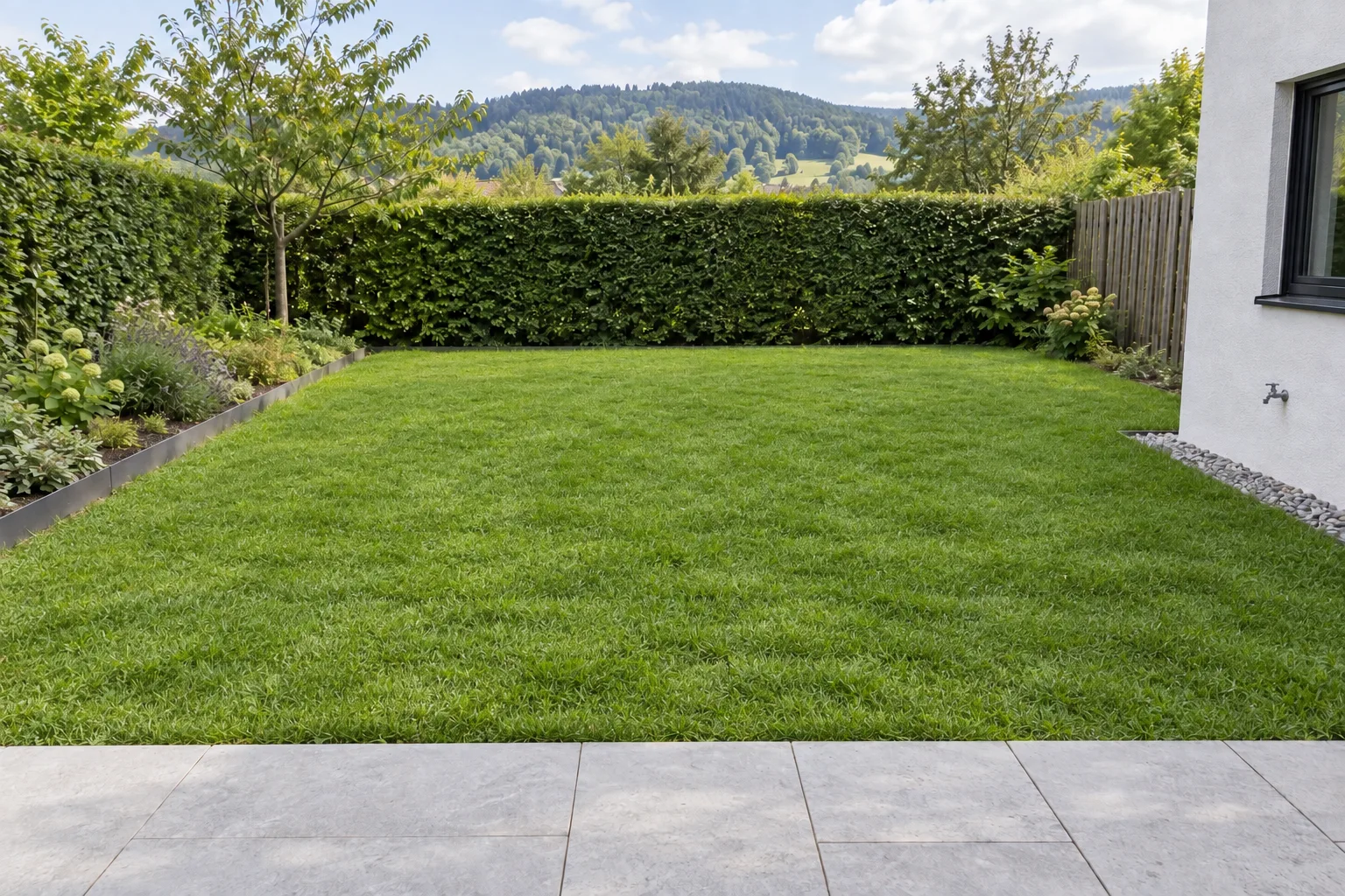 Dichter grüner Rasen innerhalb der bestehenden Gartengrenzen